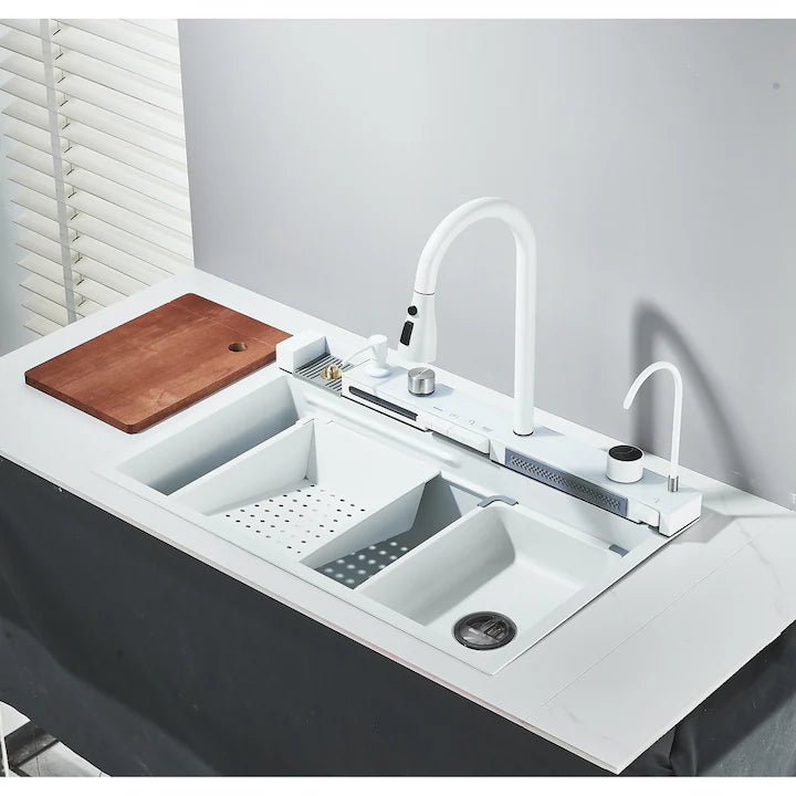 Zzerani White Kitchen Workstation Sink with Waterfall Design, Temperature Display Faucet, Undermount Kitchen Sink