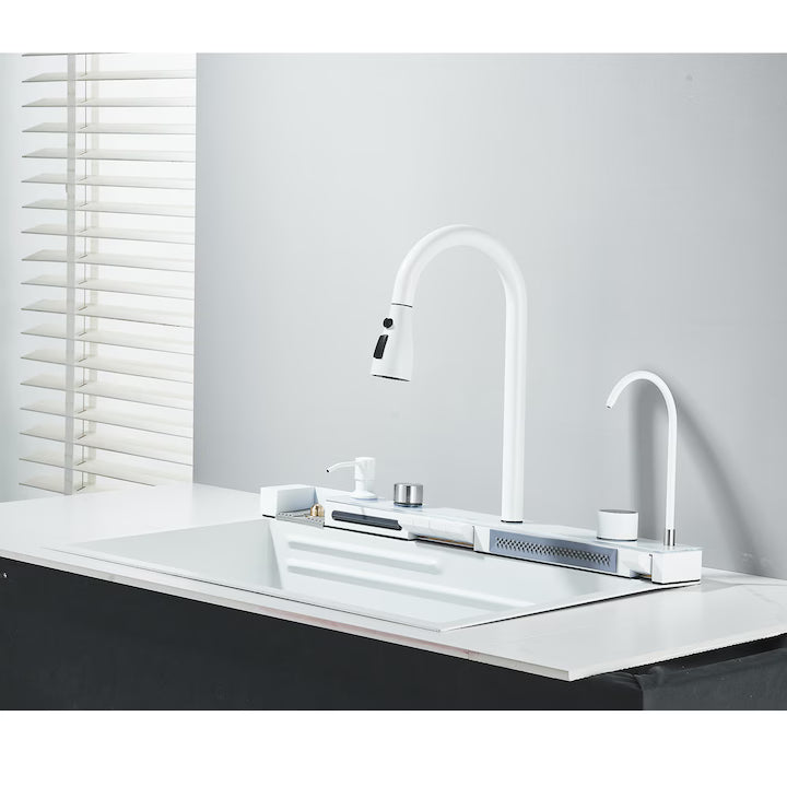 Zzerani White Kitchen Workstation Sink with Waterfall Design, Temperature Display Faucet, Undermount Kitchen Sink