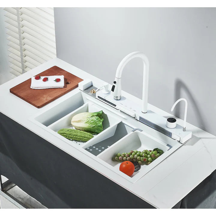 Zzerani White Kitchen Workstation Sink with Waterfall Design, Temperature Display Faucet, Undermount Kitchen Sink