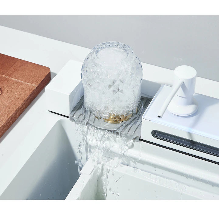 Zzerani White Kitchen Workstation Sink with Waterfall Design, Temperature Display Faucet, Undermount Kitchen Sink