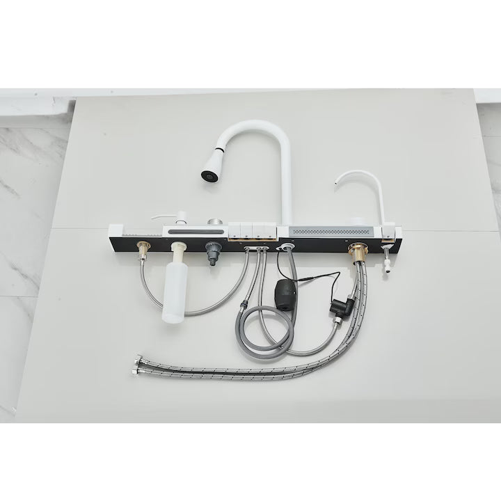 Zzerani White Kitchen Workstation Sink with Waterfall Design, Temperature Display Faucet, Undermount Kitchen Sink
