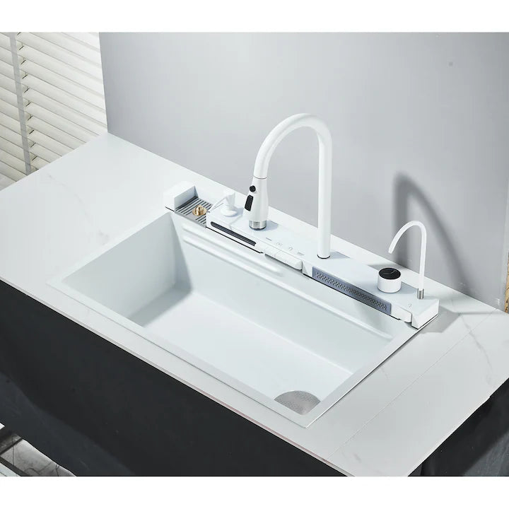 Zzerani White Kitchen Workstation Sink with Waterfall Design, Temperature Display Faucet, Undermount Kitchen Sink