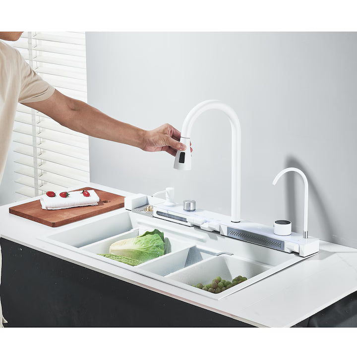 Zzerani White Kitchen Workstation Sink with Waterfall Design, Temperature Display Faucet, Undermount Kitchen Sink