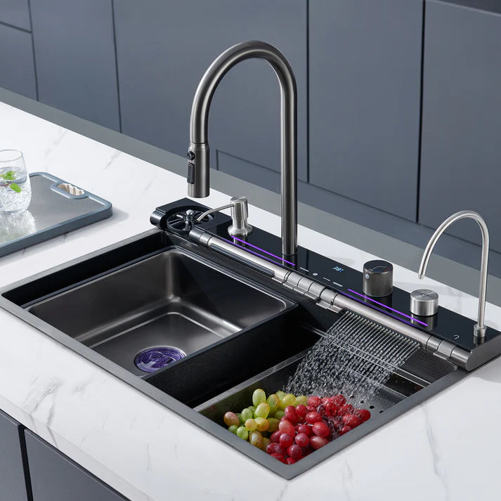 Zzerani Kitchen Deluxe Waterfall Workstation Sink with digital temperature display faucet.
