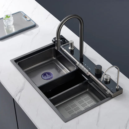 Zzerani Kitchen Deluxe Waterfall Workstation Sink with Digital Temperature Display Faucet