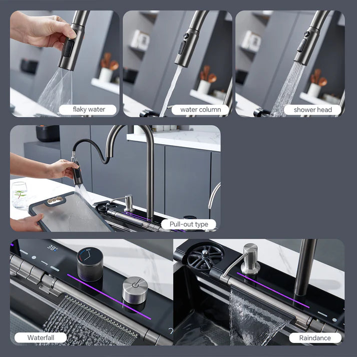 Zzerani Kitchen Deluxe Waterfall Workstation Sink with Digital Temperature Display Faucet