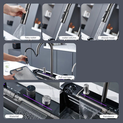 Zzerani Kitchen Deluxe Waterfall Workstation Sink with Digital Temperature Display Faucet