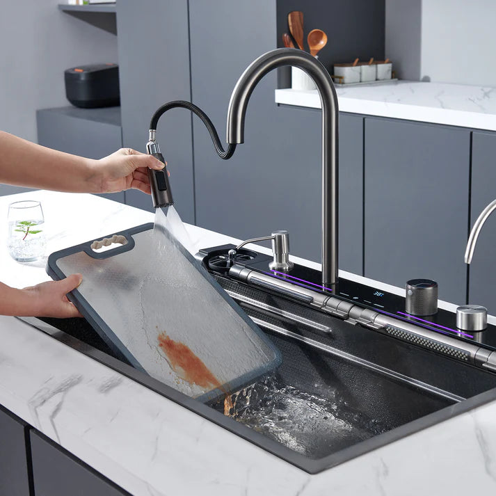 Zzerani Kitchen Deluxe Waterfall Workstation Sink with Digital Temperature Display Faucet