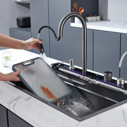 Zzerani Kitchen Deluxe Waterfall Workstation Sink with Digital Temperature Display Faucet