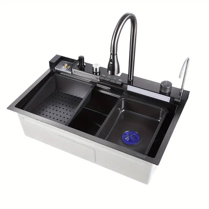 Zzerani Kitchen Deluxe Waterfall Workstation Sink with Digital Temperature Display Faucet