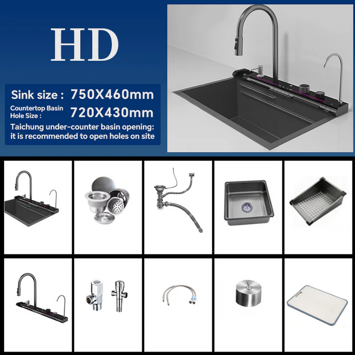Zzerani Kitchen Deluxe Waterfall Workstation Sink with Digital Temperature Display Faucet