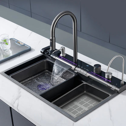 Zzerani Kitchen Deluxe Waterfall Workstation Sink with Digital Temperature Display Faucet