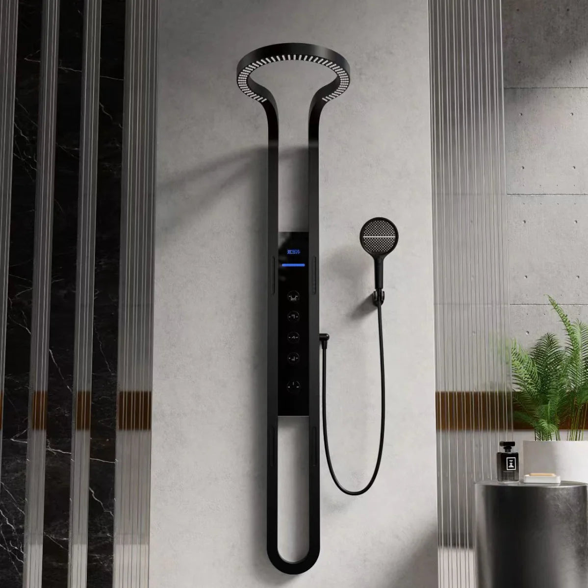 Black Zzerani waterfall shower set with a digital display and handheld shower.