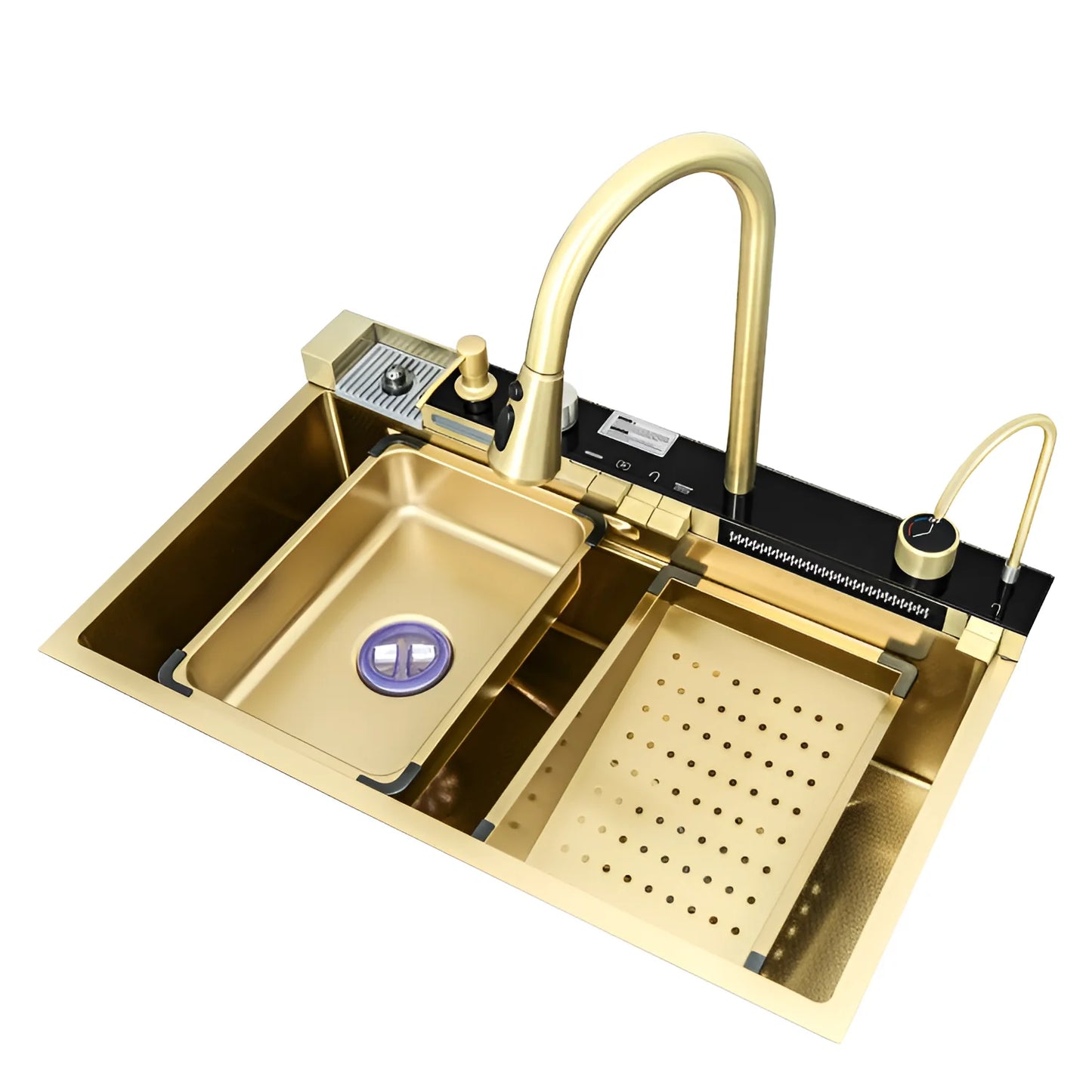 Zzerani Gold Kitchen Workstation Sink with Waterfall Design, Temperature Display Faucet, Undermount Kitchen Sink