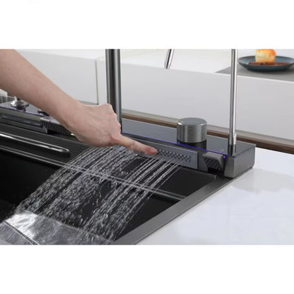 Zzerani Black Kitchen Workstation Sink with Waterfall Design, Temperature Display Faucet, Undermount Kitchen Sink