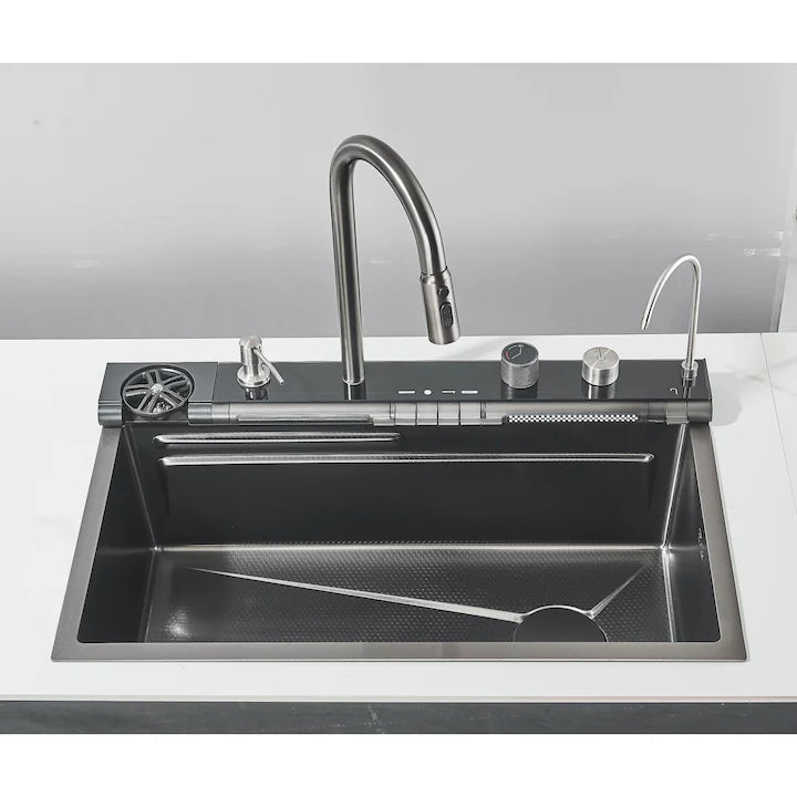 Zzerani Black Kitchen Workstation Sink with Waterfall Design, Temperature Display Faucet, Undermount Kitchen Sink