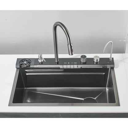 Zzerani Black Kitchen Workstation Sink with Waterfall Design, Temperature Display Faucet, Undermount Kitchen Sink