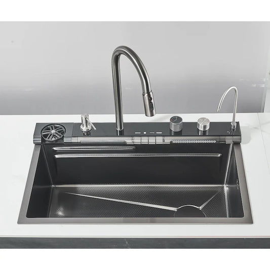 Zzerani Black Kitchen Workstation Sink with Waterfall Design, Temperature Display Faucet, Undermount Kitchen Sink