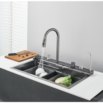 Zzerani Black Kitchen Workstation Sink with Waterfall Design, Temperature Display Faucet, Undermount Kitchen Sink