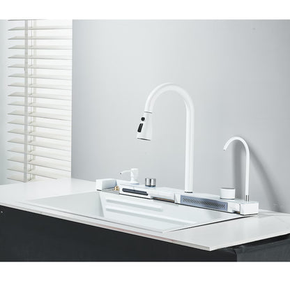 Zzerani White Kitchen Workstation Sink with Waterfall Design, Temperature Display Faucet, Undermount Kitchen Sink