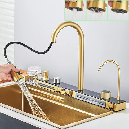 Zzerani Gold Kitchen Workstation Sink with Waterfall Design, Temperature Display Faucet, Undermount Kitchen Sink