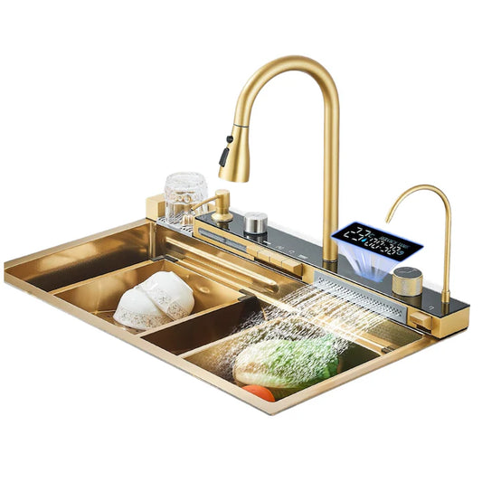 Zzerani Gold Kitchen Workstation Sink with Waterfall Design, Temperature Display Faucet, Undermount Kitchen Sink