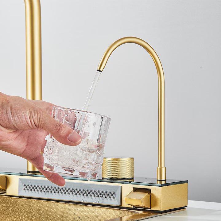 Zzerani Gold Kitchen Workstation Sink with Waterfall Design, Temperature Display Faucet, Undermount Kitchen Sink