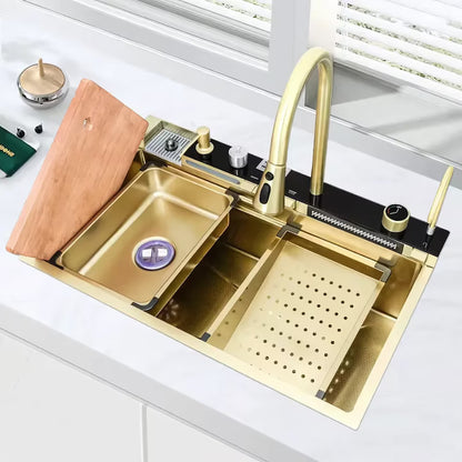 Zzerani Gold Kitchen Workstation Sink with Waterfall Design, Temperature Display Faucet, Undermount Kitchen Sink