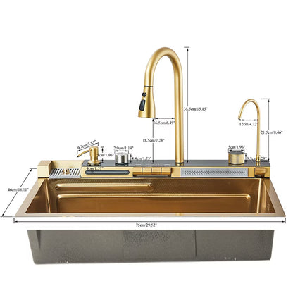 Zzerani Gold Kitchen Workstation Sink with Waterfall Design, Temperature Display Faucet, Undermount Kitchen Sink