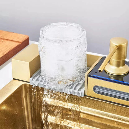 Zzerani Gold Kitchen Workstation Sink with Waterfall Design, Temperature Display Faucet, Undermount Kitchen Sink