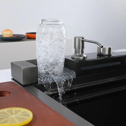 Zzerani Black Kitchen Workstation Sink with Waterfall Design, Temperature Display Faucet, Undermount Kitchen Sink