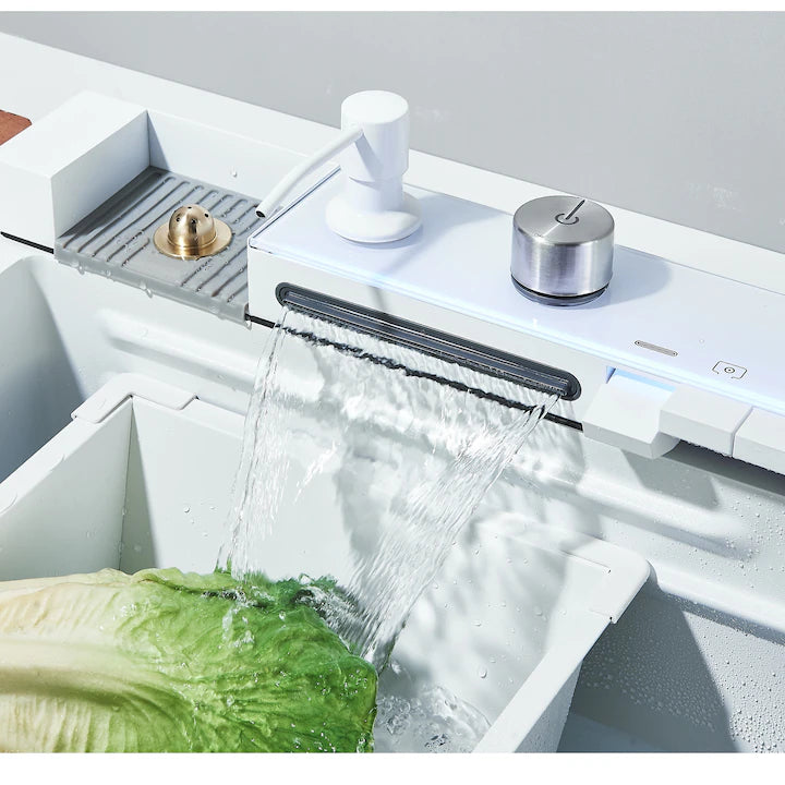 Zzerani White Kitchen Workstation Sink with Waterfall Design, Temperature Display Faucet, Undermount Kitchen Sink