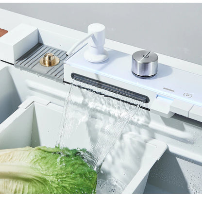 Zzerani White Kitchen Workstation Sink with Waterfall Design, Temperature Display Faucet, Undermount Kitchen Sink