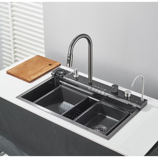 Zzerani Black Kitchen Workstation Sink with Waterfall Design, Temperature Display Faucet, Undermount Kitchen Sink