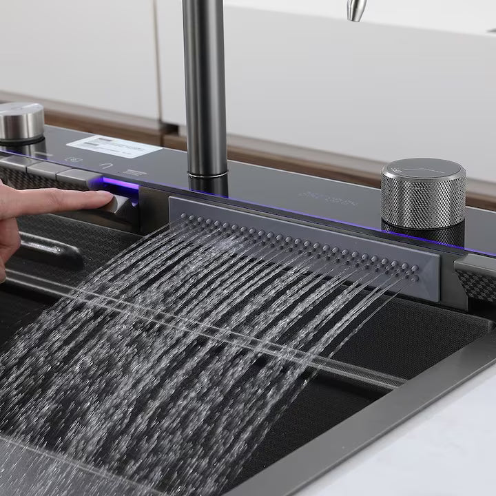 Zzerani Black Kitchen Workstation Sink with Waterfall Design, Temperature Display Faucet, Undermount Kitchen Sink