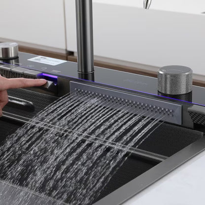 Zzerani Black Kitchen Workstation Sink with Waterfall Design, Temperature Display Faucet, Undermount Kitchen Sink