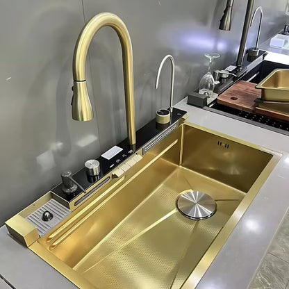 Zzerani Gold Kitchen Workstation Sink with Waterfall Design, Temperature Display Faucet, Undermount Kitchen Sink