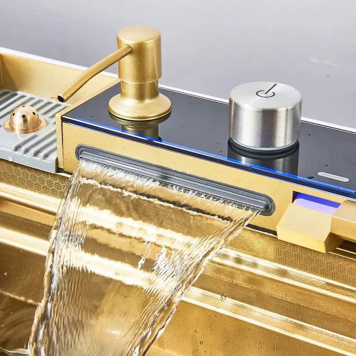 Zzerani Gold Kitchen Workstation Sink with Waterfall Design, Temperature Display Faucet, Undermount Kitchen Sink