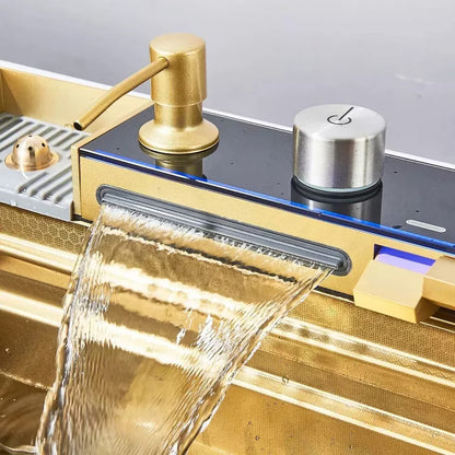 Zzerani Gold Kitchen Workstation Sink with Waterfall Design, Temperature Display Faucet, Undermount Kitchen Sink