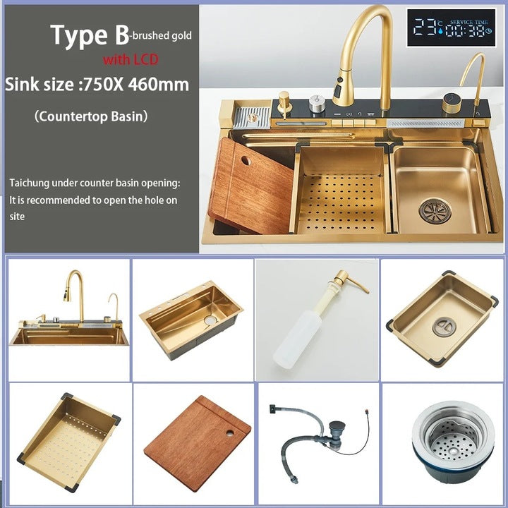 Zzerani Gold Kitchen Workstation Sink with Waterfall Design, Temperature Display Faucet, Undermount Kitchen Sink