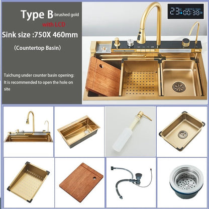 Zzerani Gold Kitchen Workstation Sink with Waterfall Design, Temperature Display Faucet, Undermount Kitchen Sink