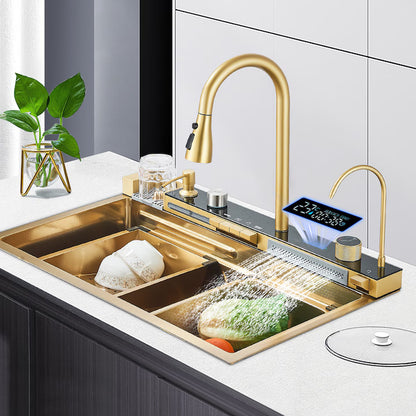 Zzerani Gold Kitchen Workstation Sink with Waterfall Design, Temperature Display Faucet, Undermount Kitchen Sink