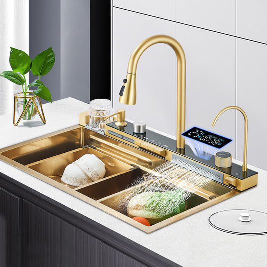 Zzerani Gold Kitchen Workstation Sink with Waterfall Design, Temperature Display Faucet, Undermount Kitchen Sink