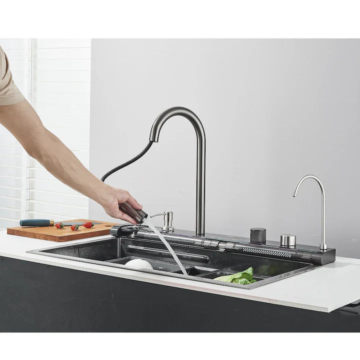 Zzerani Black Kitchen Workstation Sink with Waterfall Design, Temperature Display Faucet, Undermount Kitchen Sink