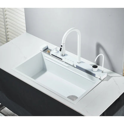 Zzerani White Kitchen Workstation Sink with Waterfall Design, Temperature Display Faucet, Undermount Kitchen Sink