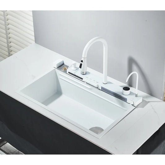 Zzerani White Kitchen Workstation Sink with Waterfall Design, Temperature Display Faucet, Undermount Kitchen Sink