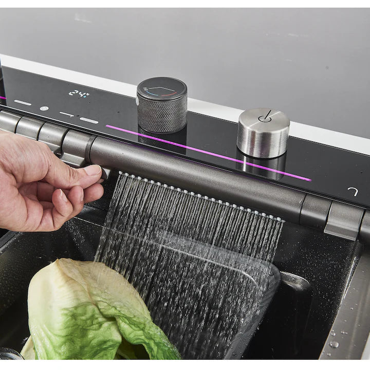 Zzerani Black Kitchen Workstation Sink with Waterfall Design, Temperature Display Faucet, Undermount Kitchen Sink