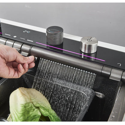 Zzerani Black Kitchen Workstation Sink with Waterfall Design, Temperature Display Faucet, Undermount Kitchen Sink